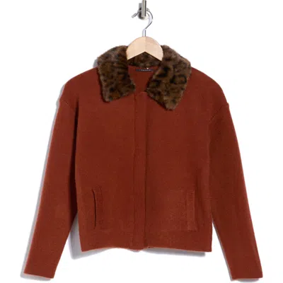 T Tahari Faux Fur Collar Sweater Jacket In Brown