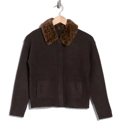 T Tahari Faux Fur Collar Sweater Jacket In Black