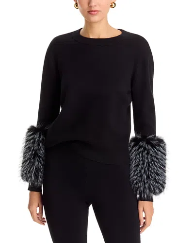 T Tahari Faux Fur Cuff Crewneck Sweater In Black