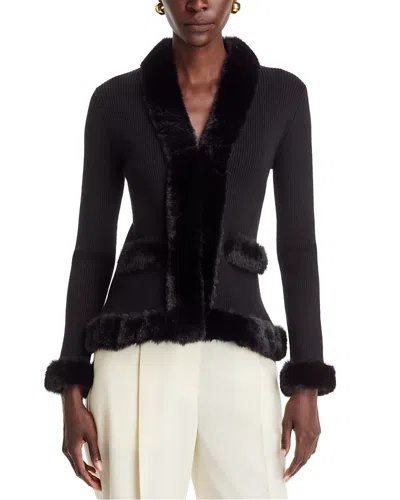 T Tahari Faux Fur Trim V Neck Cardigan In Black