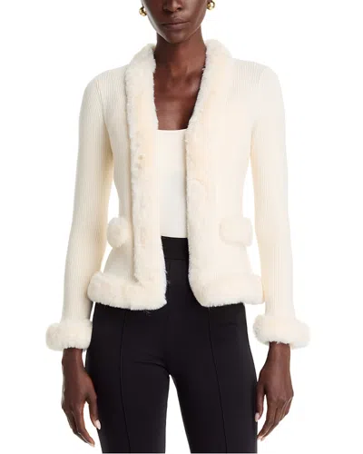 T Tahari Faux Fur Trim V Neck Cardigan In White