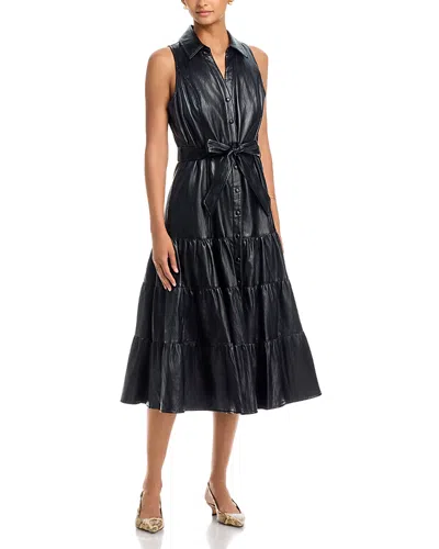 T Tahari Faux Leather Collared Midi Dress In Black