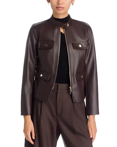 T Tahari Faux Leather Mixed Media Zip Front Jacket In Brown