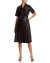 T Tahari Faux Leather Short Sleeve Button Down Fit & Flare Dress In Burgundy