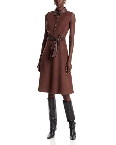 T Tahari Faux Suede Collared Midi Dress In Brown