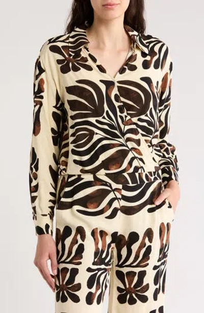 T Tahari Faux Wrap Collared Top In Tan/brown/black