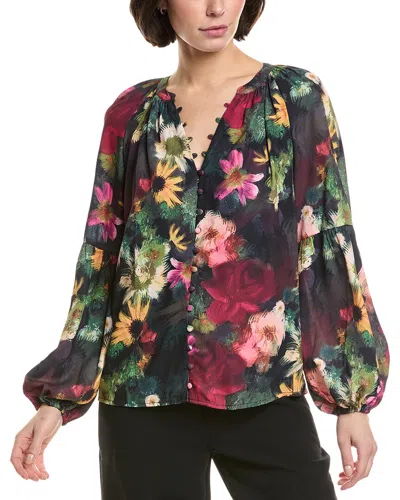 T Tahari Floral Split Neck Button Down Blouse In Multi