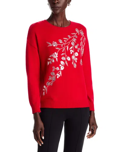 T Tahari Floral Embellished Crewneck Sweater In Red