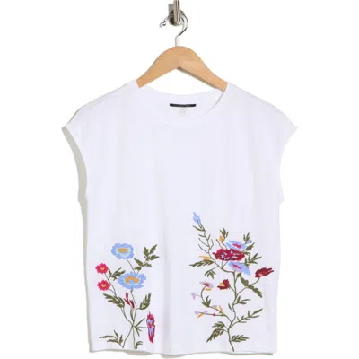 T Tahari Floral Embroidered Cap Sleeve Top In White