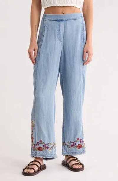 T Tahari Floral Embroidered Chambray Pull-on Pants In Blue
