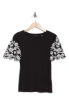 T Tahari Floral Embroidered Sleeve T-shirt In Black/white