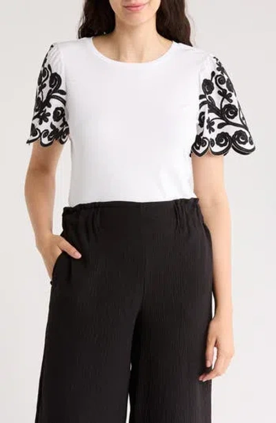 T Tahari Floral Embroidered Sleeve T-shirt In Multi
