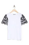 T Tahari Floral Embroidered Sleeve T-shirt In White/black