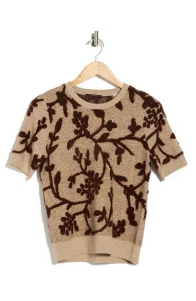 T Tahari Floral Jacquard Eyelash Short Sleeve Sweater In Brown