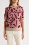 T Tahari Floral Jacquard Eyelash Short Sleeve Sweater In Multi