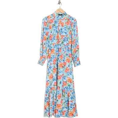 T Tahari Floral Long Sleeve Maxi Shirtdress In Blue