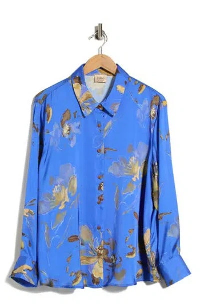 T Tahari Floral Print Button-up Shirt In Blue/ Brown Abstract Floral