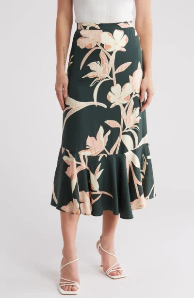 T Tahari Floral Print Flounce Skirt In Green