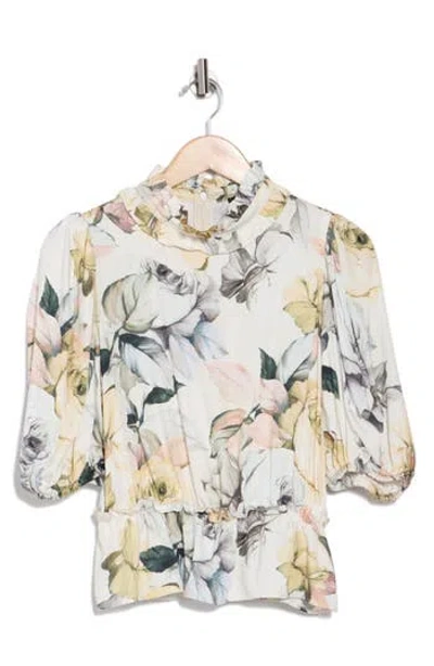 T Tahari Floral Print Ruffle Neck Peplum Crop Top In Blooming Petals Print