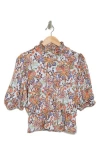 T Tahari Floral Print Ruffle Neck Peplum Crop Top In Light Blue Colorful Paisley