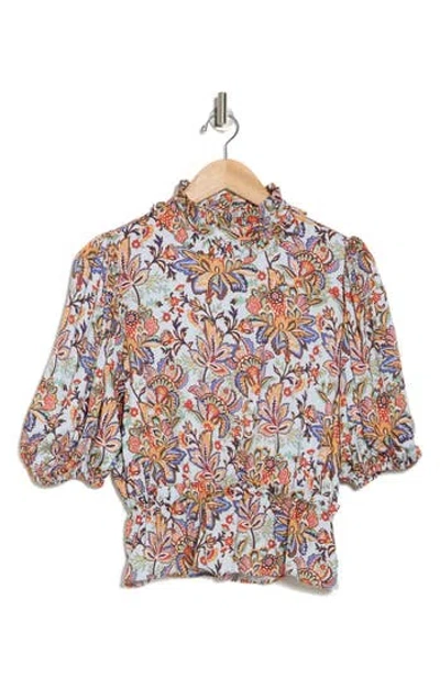 T Tahari Floral Print Ruffle Neck Peplum Crop Top In Light Blue Colorful Paisley