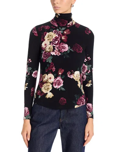 T Tahari Floral Print Turtleneck Top In Black