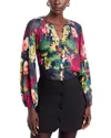 T Tahari Floral Split Neck Button Down Blouse