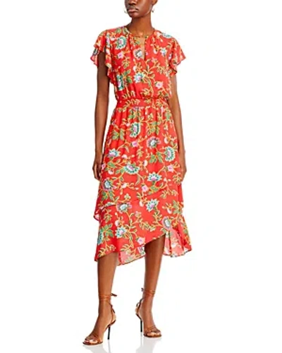 T Tahari Flutter Sleeve Midi Dress In Hibiscus Garden Print