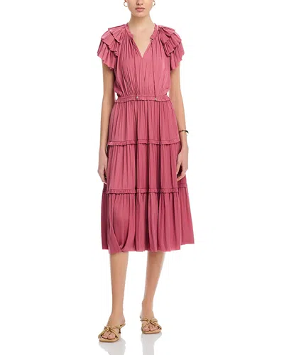 T Tahari Flutter Sleeve Split Neck Flare Airflow Dress In Mauvewood