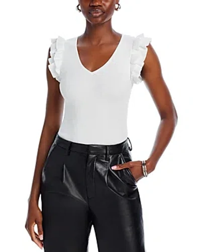 T Tahari Flutter Sleeve V Neck Top In White