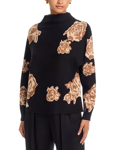 T Tahari Funnel Neck Floral Jacquard Sweater In Black