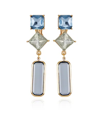 T Tahari Gold-tone Blue Glass Stone Drop Clip On Earrings