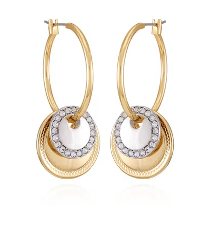 T Tahari Gold-tone Glass Stone Circle Coin Hoop Earrings