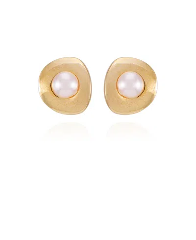 T Tahari Gold-tone Imitation Pearl Clip On Button Earrings