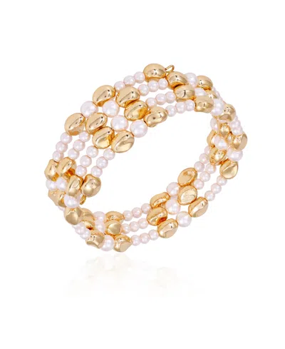 T Tahari Gold-tone Imitation Pearl Coil Stretch Bracelet