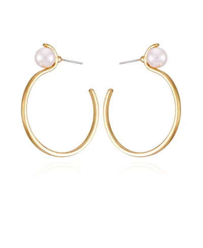 T Tahari Gold-tone Imitation Pearl Open Hoop Earrings