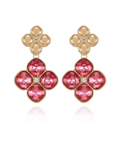 T Tahari Gold-tone Rose Glass Stone Clip On Drop Earrings