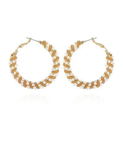 T Tahari Gold-tone Twisted Spiral And White Beaded Hoop Earrings