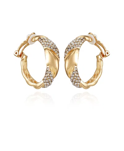 T Tahari Gold-tone Woven Glass Stone Clip On Hoop Earrings