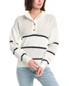 T Tahari Long Sleeve Half Button Down Mock Neck Stripe Pullover Sweater In White
