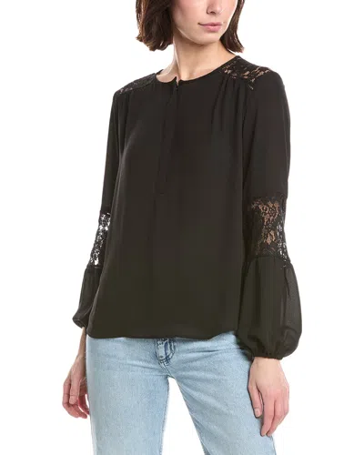 T Tahari Half Placket Lace Trim Blouse In Black