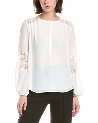 T Tahari Half Placket Lace Trim Blouse In White