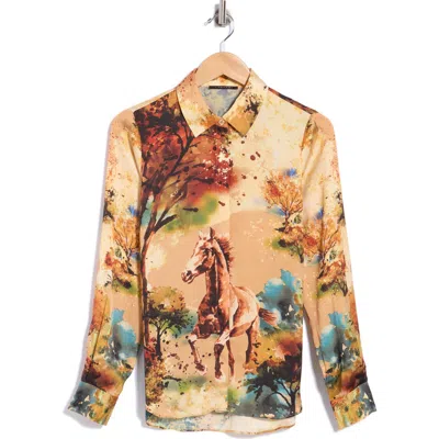 T Tahari Horse Print Long Sleeve Shirt In Gold