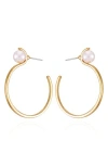 T Tahari Gold-tone Imitation Pearl Open Hoop Earrings In Gold Tone