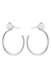 T Tahari Silver-tone Imitation Pearl Open C Hoop Earrings In Silver Tone