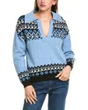 T Tahari Johhny Collar Fairisle Pullover In Blue