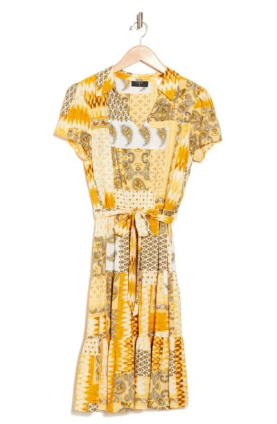 T Tahari Johnny Collar Tiered Dress In Boho Gold Patchwork