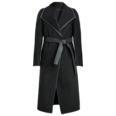 T Tahari Juliette Double Face Faux Leather Trim Belted Wool Coat Black