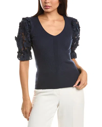 T Tahari Lace Blouson Pullover In Navy