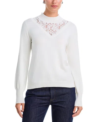 T Tahari Lace Yoke Mock Neck Sweater In White